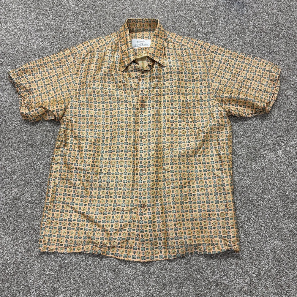 Veronica Shirt Mens Large Yellow Geometric Silk Short Sleeve Button Up Thailand